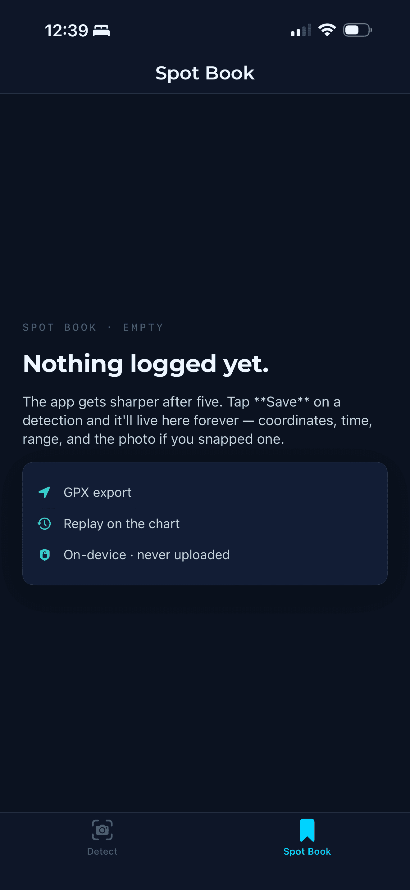 Seabirds Spot Book empty state on iPhone — dark navy background with the headline 'Nothing logged yet,' a paragraph explaining how saved detections accrue over time, and a feature list card showing GPX export, Replay on the chart, and On-device · never uploaded.